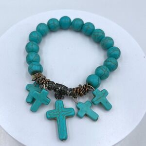 Vintage Turquoise Howlite Beaded Bracelet Cross Charms Ornate Metal Accents Boho